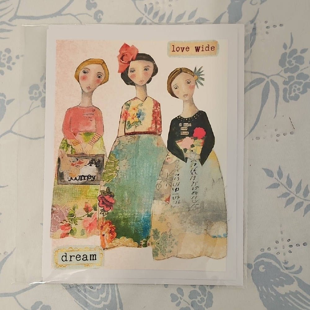 Handmade Art Card — Three Girls in Floral Dresses (Pink, Green, Black)